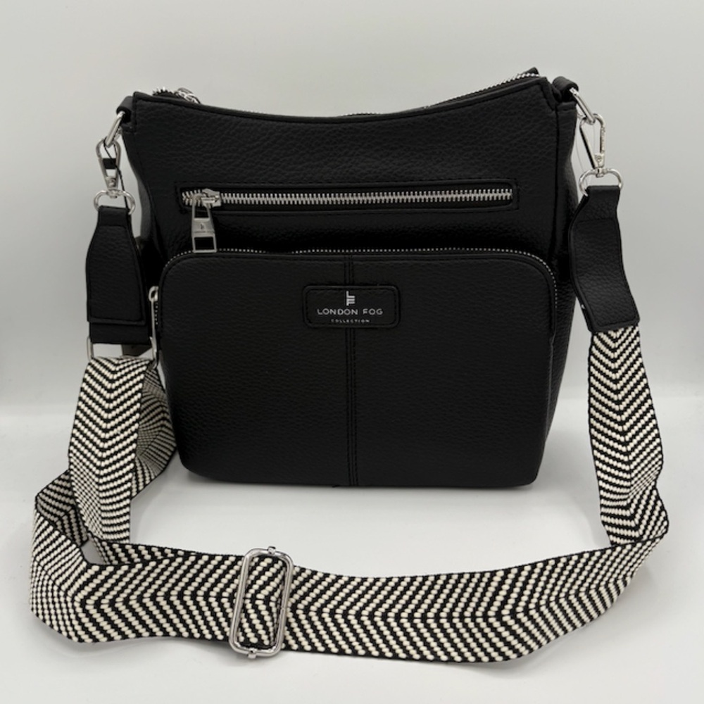 New London Fog Black Crossbody Bag with Chevron Strap.